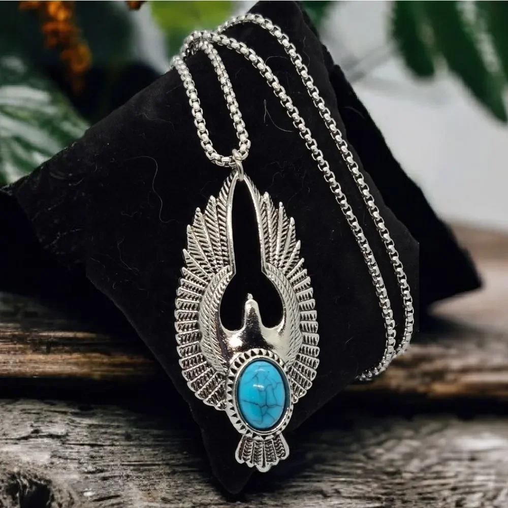 Eagle Wing Turquoise Necklace Thunderbird Western Tribal Stainless Steel Pendant